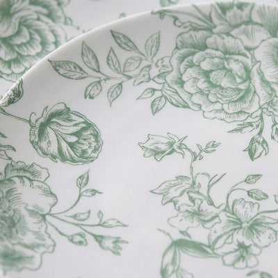 10-Pack French Toile Plastic Dinner Plates – Sage Green & White Floral, 10\" Round Party Plates