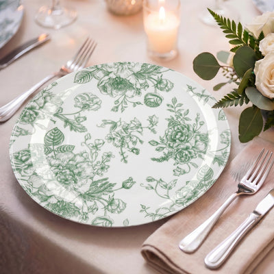10-Pack French Toile Plastic Dinner Plates – Sage Green & White Floral, 10\" Round Party Plates
