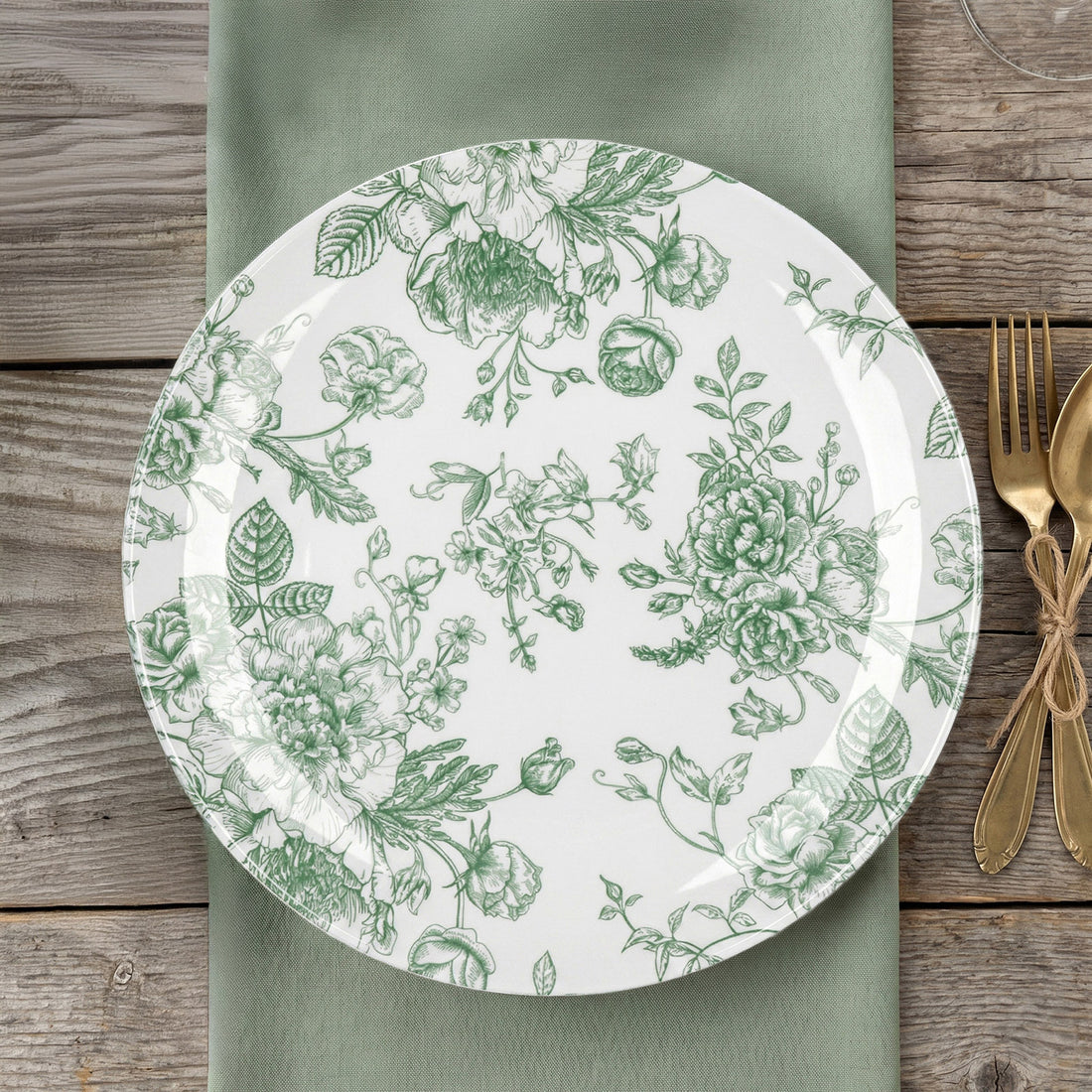 10-Pack French Toile Plastic Dinner Plates – Sage Green & White Floral, 10\" Round Party Plates