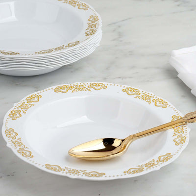 10-Pack Plastic Round Soup Bowl 12oz White with Gold Embossed Scalloped Rim - Durable Disposable Salad Dessert Bowls for Weddings & Banquets