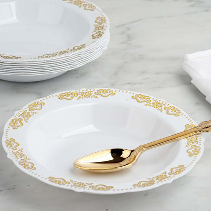 10-Pack Plastic Round Soup Bowl 12oz White with Gold Embossed Scalloped Rim - Durable Disposable Salad Dessert Bowls for Weddings & Banquets