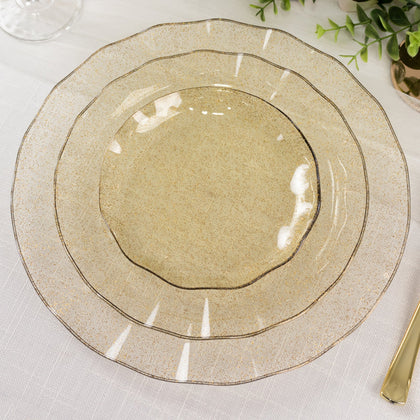 10-Pack Plastic Round Dessert Plates 6" Gold Glitter with Ruffled Rim - Transparent Heavy Duty Disposable Salad Appetizer Dinnerware