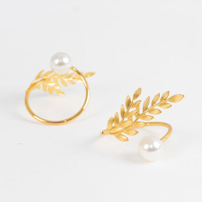 10 Pack Gold Leaf Napkin Rings with White Pearl Accent – Metal Wheat Leaf Napkin Holders for Wedding