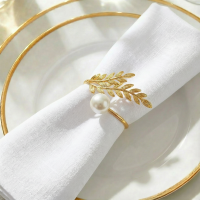 10 Pack Gold Leaf Napkin Rings with White Pearl Accent – Metal Wheat Leaf Napkin Holders for Wedding