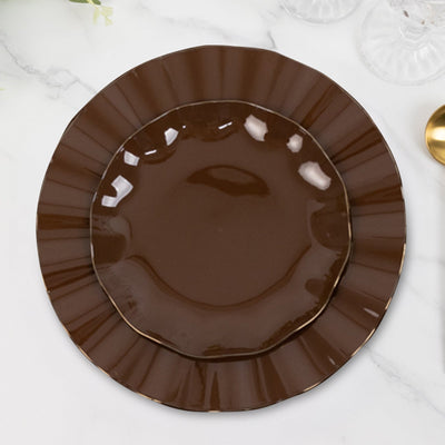 10-Pack Plastic Round Dessert Plates 6" Cinnamon Brown Ruffled Rim with Gold Edging - Heavy Duty Disposable Salad Appetizer Dinnerware
