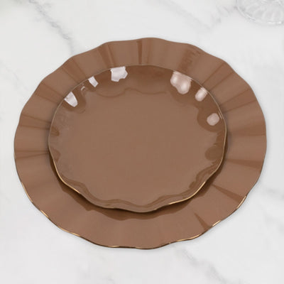 10-Pack Plastic Round Dessert Plates 6" Coffee Brown Ruffled Rim with Gold Edging - Heavy Duty Disposable Salad Appetizer Dinnerware
