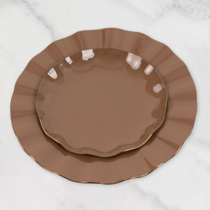 10-Pack Plastic Round Dessert Plates 6" Coffee Brown Ruffled Rim with Gold Edging - Heavy Duty Disposable Salad Appetizer Dinnerware