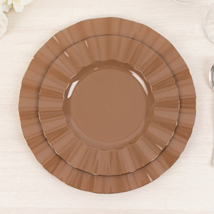 10-Pack Plastic Round Dinner Plates 9" Coffee Brown Ruffled Rim with Gold Edging - Heavy Duty Disposable Dinnerware