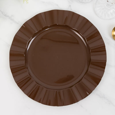 10-Pack Plastic Round Dinner Plates 11" Cinnamon Brown Ruffled Rim with Gold Edging - Heavy Duty Disposable Dinnerware