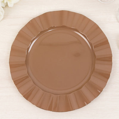 10-Pack Plastic Round Dinner Plates 11" Coffee Brown Ruffled Rim with Gold Edging - Heavy Duty Disposable Dinnerware