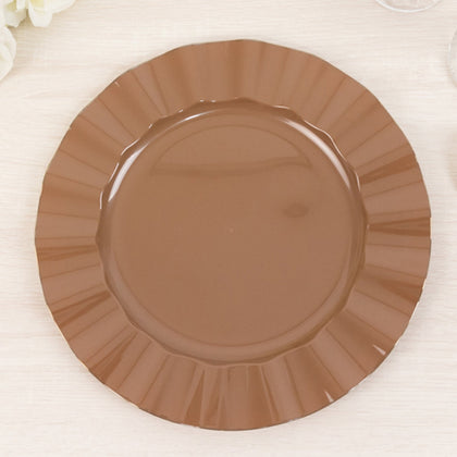 10-Pack Plastic Round Dinner Plates 11" Coffee Brown Ruffled Rim with Gold Edging - Heavy Duty Disposable Dinnerware