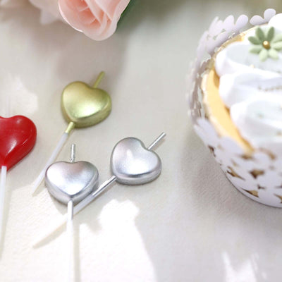 10-Pack Heart Shaped Cupcake Candles Red, Silver, and Gold - Love and Valentine Dessert Toppers