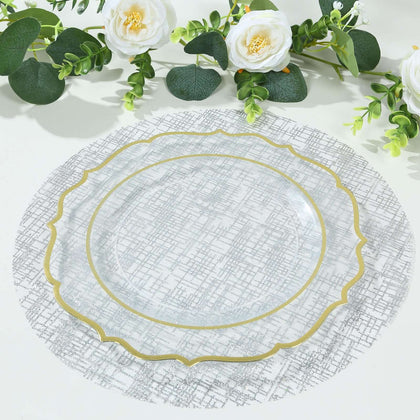 10-Pack Mesh Table Placemats 13" Round Glitter Design Metallic Silver - Polyester Disposable Dining Mats