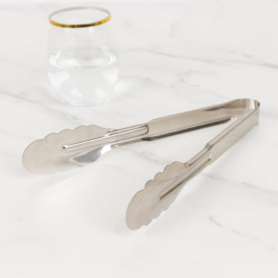 10-Pack Metal Serving Tongs 9.5" Silver with Scalloped Gripping Edge - Non Slip Stainless Steel Kitchen Tongs for Buffets & Parties