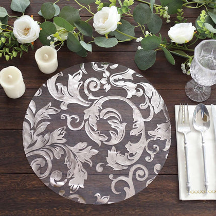 10-Pack Organza Table Placemats 13" Round Swirl Foil Floral Design Metallic Silver - Sheer Disposable Dining Mats