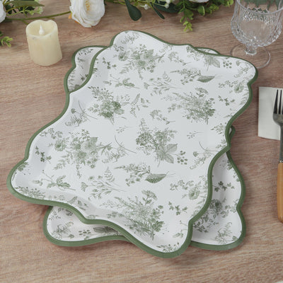 10-Pack Paper Rectangle Serving Trays 14"x10" White/Sage Green with French Toile Pattern - 400GSM Heavy Duty Disposable Cardboard Party Platters for Stylish Food Displays