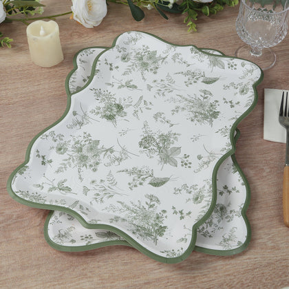 10-Pack Paper Rectangle Serving Trays 14"x10" White/Sage Green with French Toile Pattern - 400GSM Heavy Duty Disposable Cardboard Party Platters for Stylish Food Displays