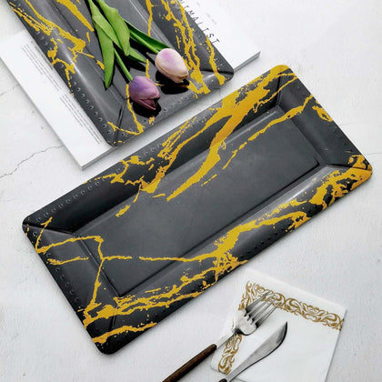 10-Pack Paper Rectangle Serving Trays 16" Black/Gold Marble Design - 1100GSM Heavy Duty Multi-Purpose Disposable Food Platters for All Occasions
