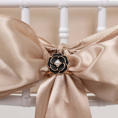 10 Pack Pearl Floral Metal Chair Sash Pin Buckles Black 3D Rose Shaped with Gold Rim - Scarf Bow Napkin Rings