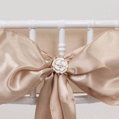 10 Pack Pearl Floral Metal Chair Sash Pin Buckles White 3D Rose Shaped with Gold Rim - Decorative Scarf Bow Napkin Rings for Weddings