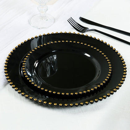 10 Pack Plastic Dessert Appetizer Plates in Black with Gold Beaded Rim, Disposable Round Salad Party Plates 8"