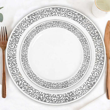 White and Silver Lace Rim Dessert Plates | eFavormart