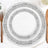 Elegant white dinner plates with intricate silver pattern