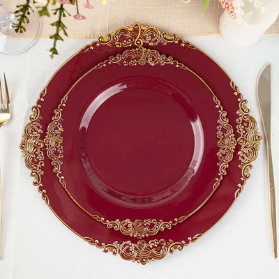 10-Pack Plastic Round Dessert Plates 8" Burgundy with Gold Leaf Embossed Rim - Vintage Baroque Style Disposable Salad Plates