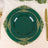 Elegant green plate with gold intricate design on a lace tablecloth.