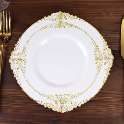 10-Pack Plastic Round Dessert Plates 8" White with Gold Leaf Embossed Rim - Vintage Baroque Style Disposable Salad Plates for Upscale Dining & Special Events