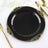 Elegant black dinner plate with gold ornate rim design.