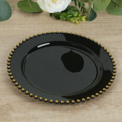 10-Pack Plastic Round Dinner Plates 10" Black with Gold Beaded Rim - Disposable Party Plates for Stylish Gatherings & Celebrations