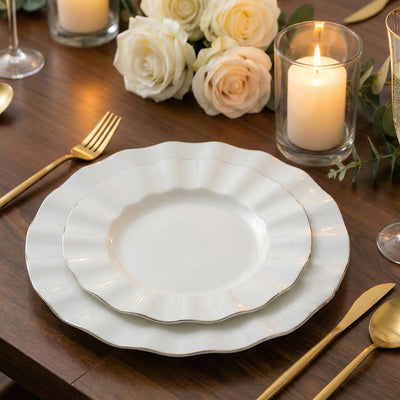 10-Pack Plastic Round Dinner Plates 9" Pearl White Ruffled Rim with Gold Edging - Heavy Duty Disposable Dinnerware
