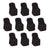 Set of 10 black chair covers on a white background