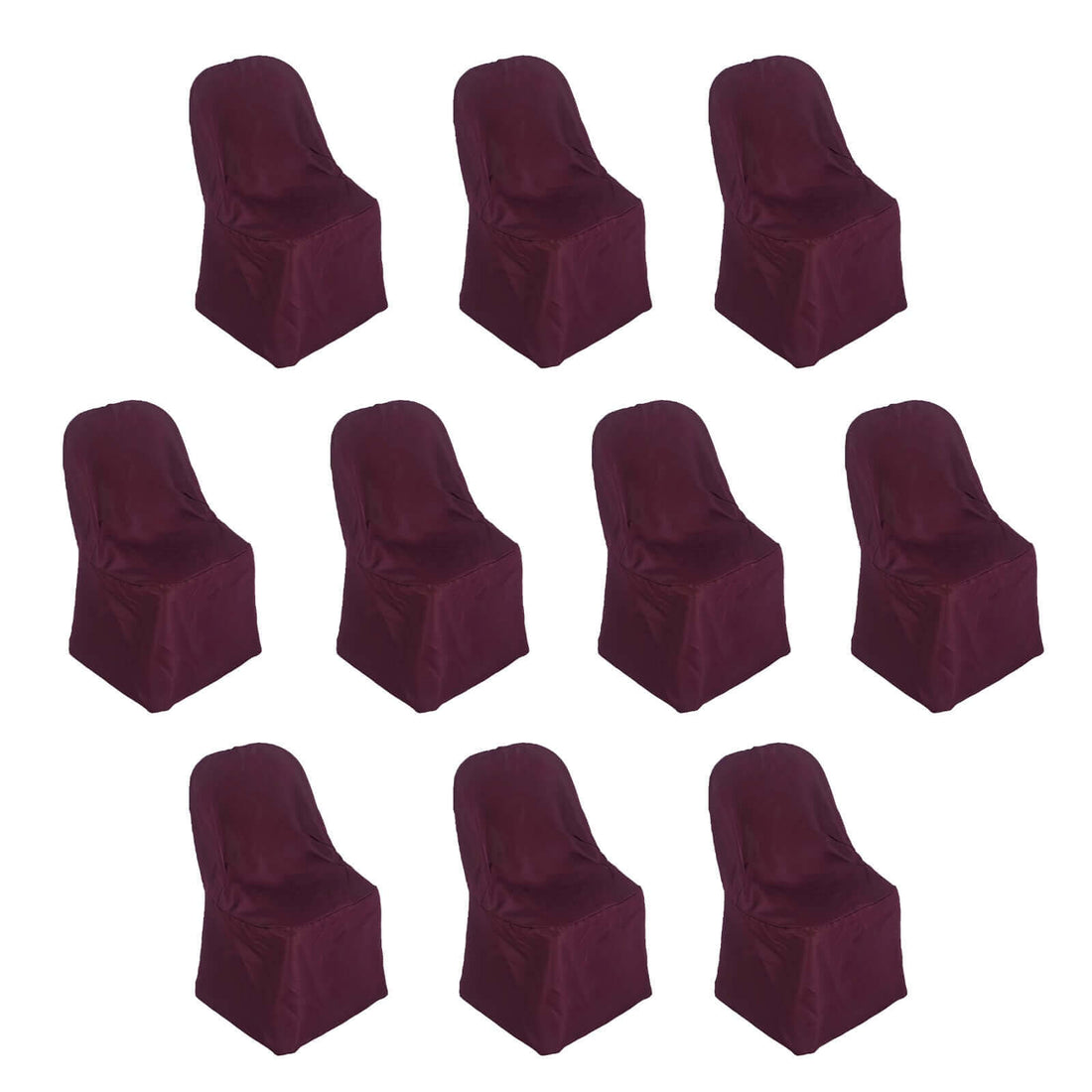 Set of ten burgundy chair covers on a white background