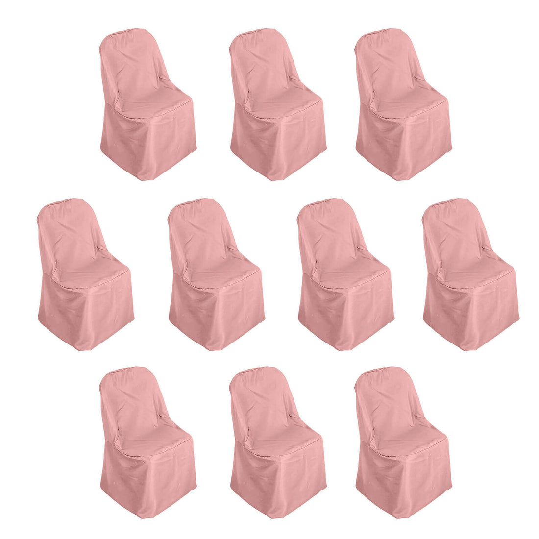 Set of 10 pink chair covers on a white background