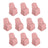 Set of 10 pink chair covers on a white background
