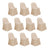Set of 10 beige dining chair covers on a white background.