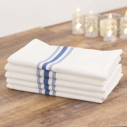 10 Pack Premium Spun Polyester Napkins 18"x22" White/Blue Bistro Style - Soft & Highly Durable Dinner Napkins