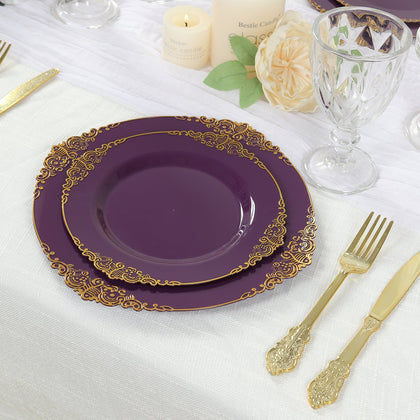 10-Pack Plastic Round Dessert Plates 8" Purple with Gold Leaf Embossed Rim - Vintage Baroque Style Disposable Salad Plates