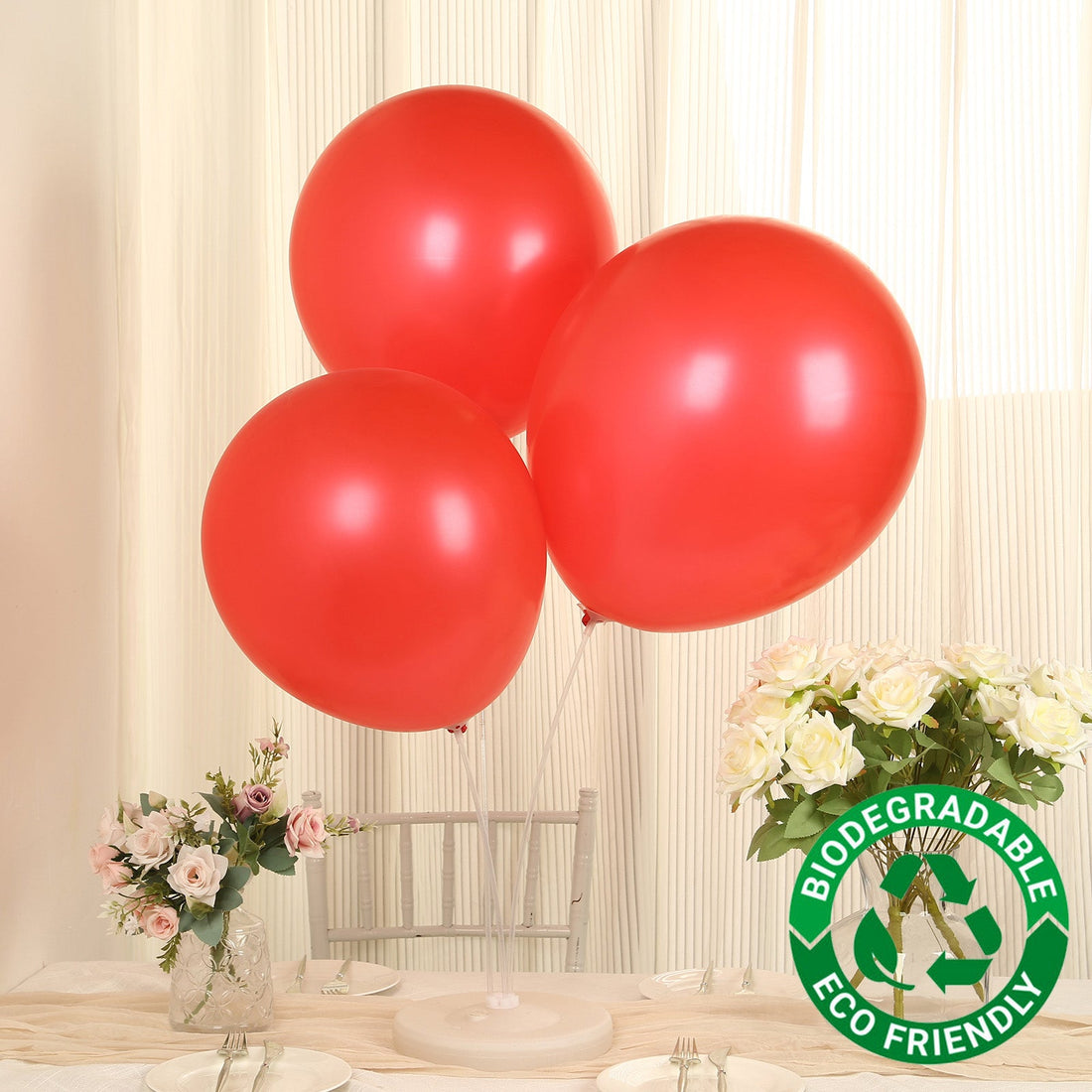 Red biodegradable balloons for eco-friendly celebrations.