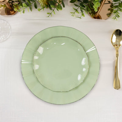 10-Pack Plastic Round Dessert Plates 6" Sage Green Ruffled Rim with Gold Edging - Heavy Duty Disposable Salad Appetizer Dinnerware