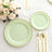 Mint green plates with gold bead trim on a textured table setting.