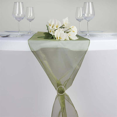 10 Pack Sheer Organza Table Runners 14"x108" Olive Green - Lightweight Table Decor