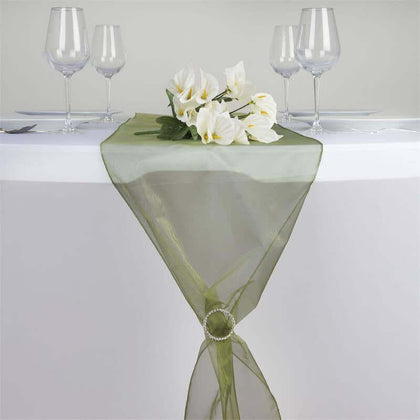 10 Pack Sheer Organza Table Runners 14"x108" Olive Green - Lightweight Table Decor