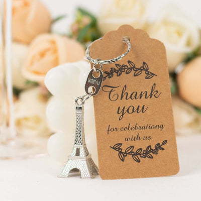 10 Pack Silver Plastic Paris Eiffel Tower Keychain Party Favor, Wedding Bridal Shower Souvenirs With Thank You Tag - 4"