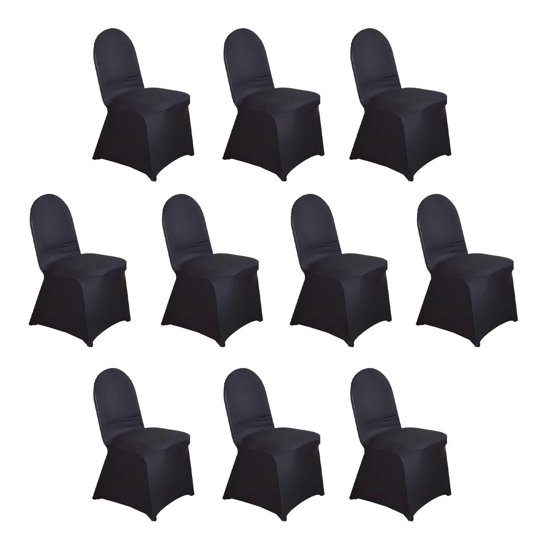 Ten black chair covers on a white background.