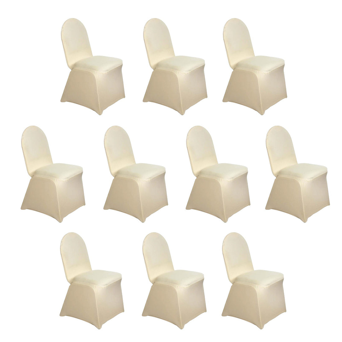 Ten ivory folding chairs on a white background