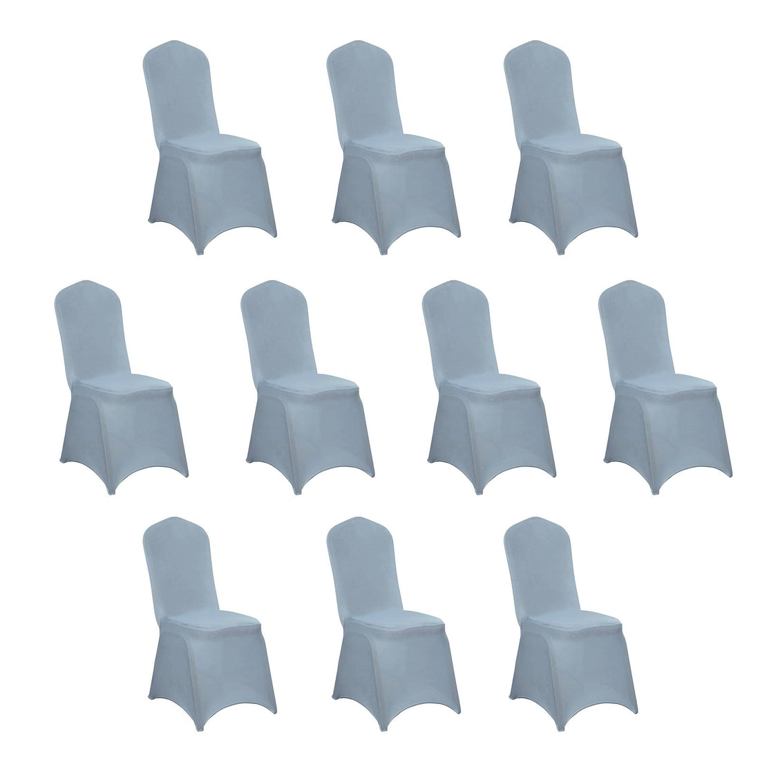 Set of ten light blue chair covers on a white background