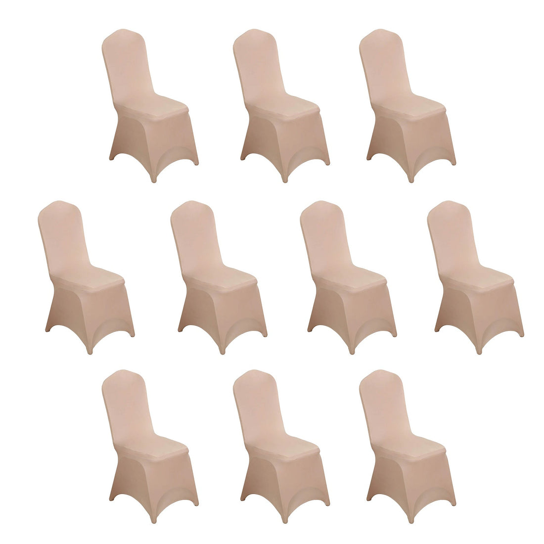 Ten beige chair covers on a plain backdrop.